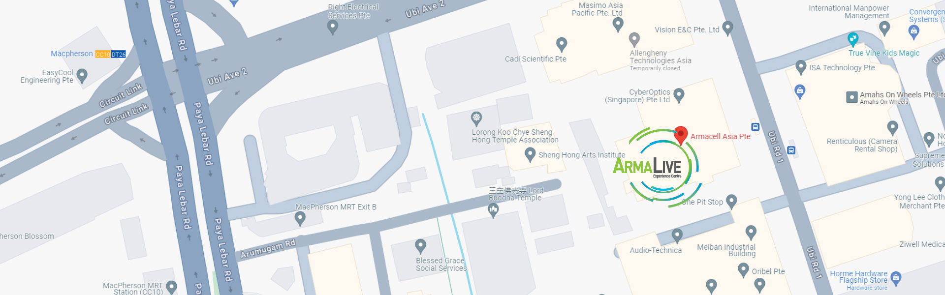 Map showing location of ArmaLive Experience Centre and Armacell in Singapore